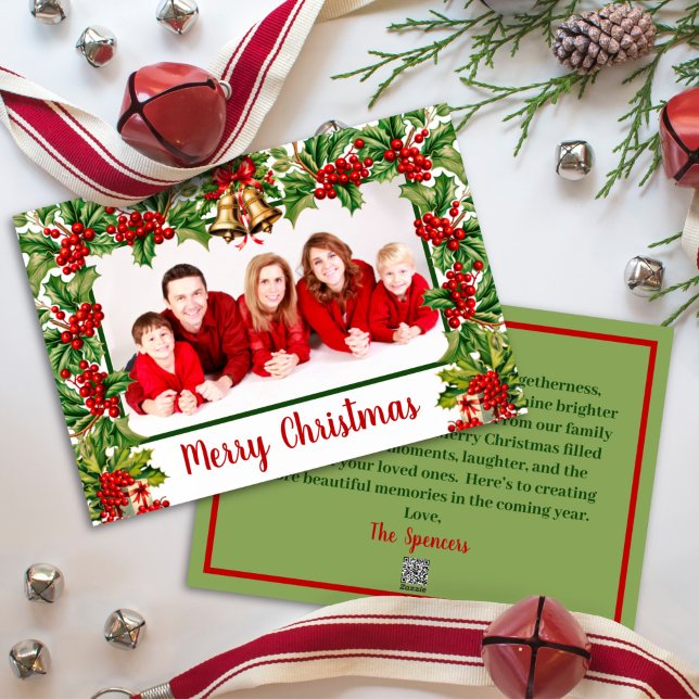 Holly Leaves and Berries Merry Christmas Photo Holiday Card (Creator Uploaded)