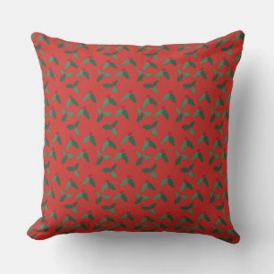 Holly Leaves and Berries on Christmas Red Cushion