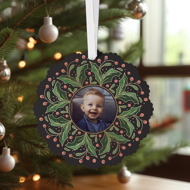 Holly Leaves and Berries Round Photo Tree Decoration Card (Creator Uploaded)