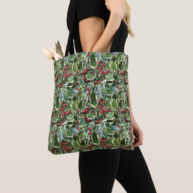 Holly Leaves and Red Berries Pattern Holiday Tote Bag (Close Up)