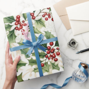 Holly Leaves and Red Berries Wrapping Paper