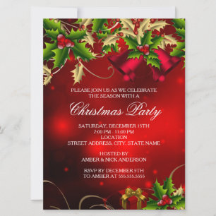 Holly Leaves & Bell Red Christmas Party Invite