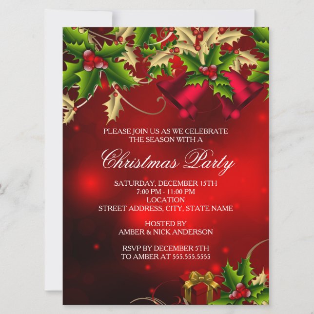 Holly Leaves & Bell Red Christmas Party Invite (Front)