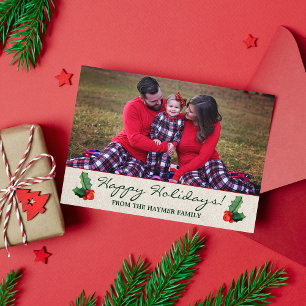 Holly Leaves & Berries Christmas Holiday Card