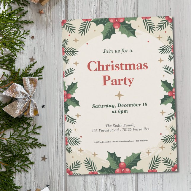 Holly Leaves & Berries - Christmas Party Invitation (Holly Leaves & Berries - Christmas Party Invitation)