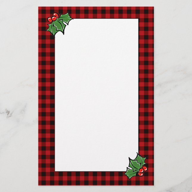 Holly leaves berries classic red buffalo plaid stationery (Front)