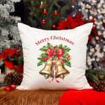 Holly Leaves & Berries Gold Bells Merry Christmas  Cushion<br><div class="desc">This Christmas Pillow is perfect for spreading holiday cheer and making those Christmas get togethers extra special. Whether it’s for you, family, friends or colleagues, it’s a memorable way to express your warm wishes during the festive season. The holly leaves and Berries adds festive elegance, while the gold bells symbolise...</div>