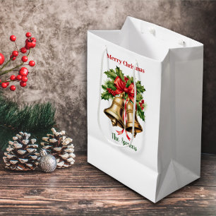 Holly Leaves & Berries Gold Bells Merry Christmas  Medium Gift Bag