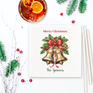 Holly Leaves & Berries Gold Bells Merry Christmas  Napkin
