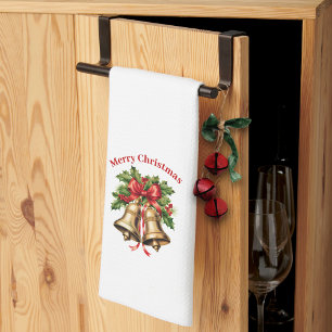 Holly Leaves & Berries Gold Bells Merry Christmas  Tea Towel