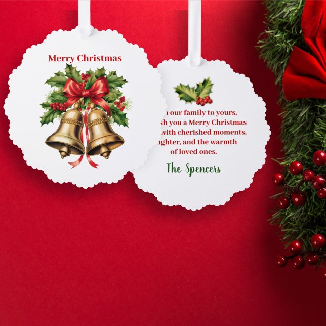 Holly Leaves & Berries Gold Bells Merry Christmas  Tree Decoration Card (Creator Uploaded)