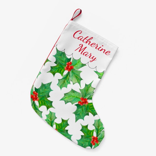 Holly Leaves, Berries, Red, Green Floral Christmas Small Christmas Stocking (Front (Hanging))