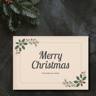 Holly Leaves & Berries - Simple Merry Christmas  Holiday Card