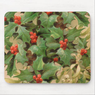 holly leaves berries vintage art print christmas mouse mat