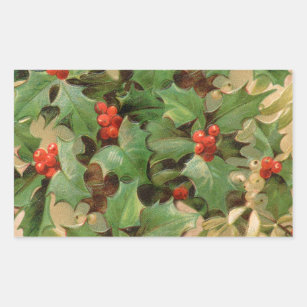 holly leaves berries vintage art print christmas rectangular sticker