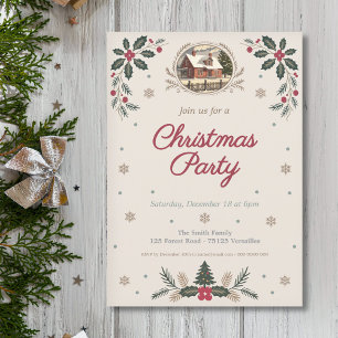 Holly Leaves & Berries - Vintage Christmas Party Invitation