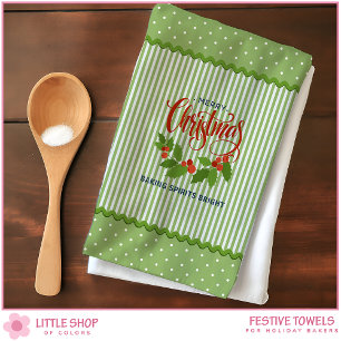 Holly Leaves Berries Vintage Stripes Christmas Tea Towel
