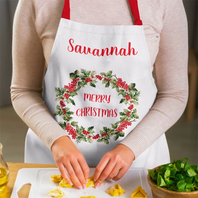 Holly Leaves & Berries Wreath Merry Christmas  Apron (Creator Uploaded)