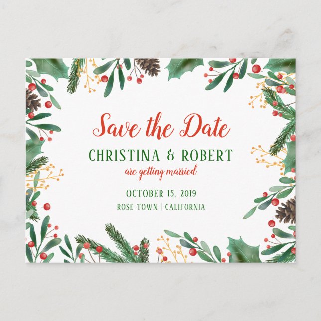 Holly Leaves Berry Christmas | Save The Date Announcement Postcard (Front)