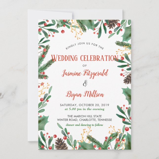Holly Leaves Berry Christmas | Wedding Invitation (Front)