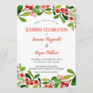 Holly Leaves Berry Christmas   Wedding Invitation