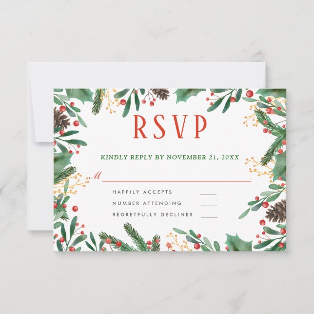 Holly Leaves Berry Christmas | Wedding RSVP Card (Front)