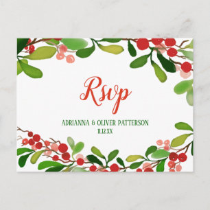 Holly Leaves Berry Christmas   Wedding RSVP Invitation Postcard