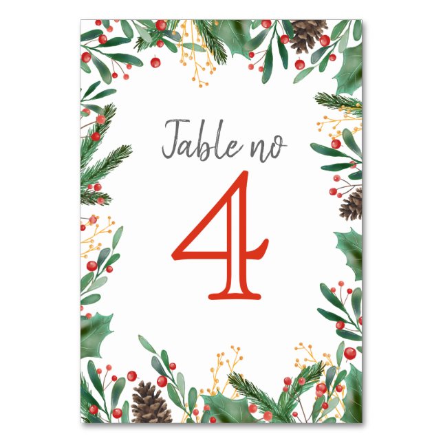Holly Leaves Berry Christmas Wedding Table Number (Front)