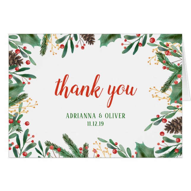Holly Leaves Berry Christmas | Wedding Thank You (Front Horizontal)