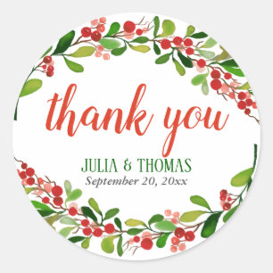 Holly Leaves Berry Christmas   Wedding Thank You Classic Round Sticker
