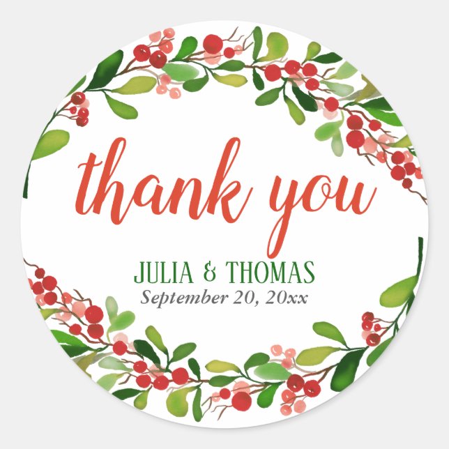 Holly Leaves Berry Christmas | Wedding Thank You Classic Round Sticker (Front)