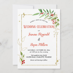 Holly Leaves Berry Frame Christmas   Wedding Invitation