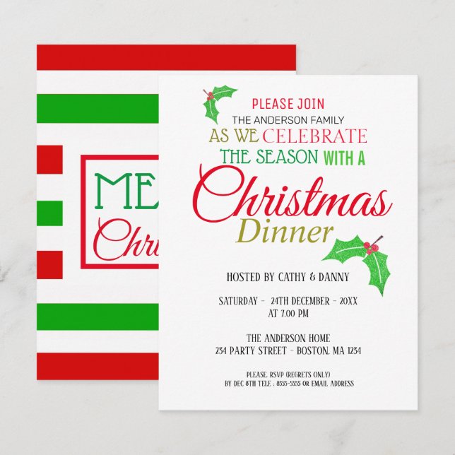 Holly Leaves Christmas Dinner Invitation (Front/Back)