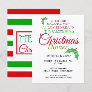 Holly Leaves Christmas Dinner Invitation