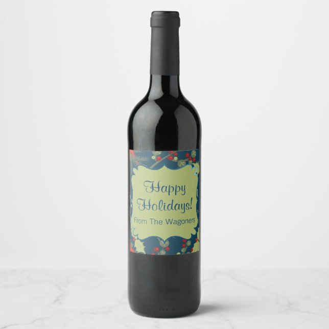 Holly Leaves, Christmas Wine Label, You Customise Wine Label (Front)
