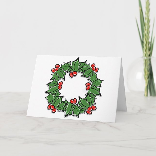 Holly Leaves, Holly berries, Christmas wreath  Holiday Card (Front)