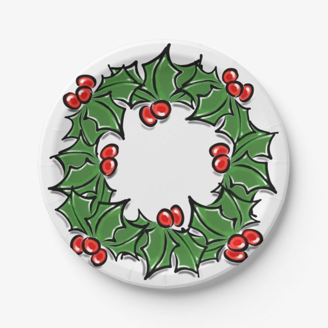 Holly Leaves, Holly berries, Christmas wreath  Paper Plate (Front)