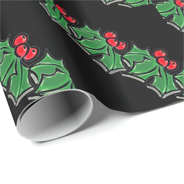 Holly Leaves, Holly berries, Christmas wreath  Wrapping Paper (Roll Corner)