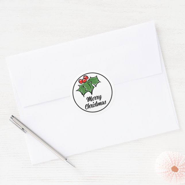 Holly Leaves, Holly berries, fun holiday botanical Classic Round Sticker (Envelope)