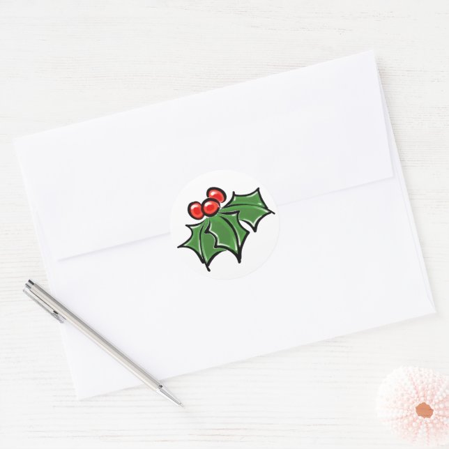 Holly Leaves Holly berries fun holiday botanical Classic Round Sticker (Envelope)
