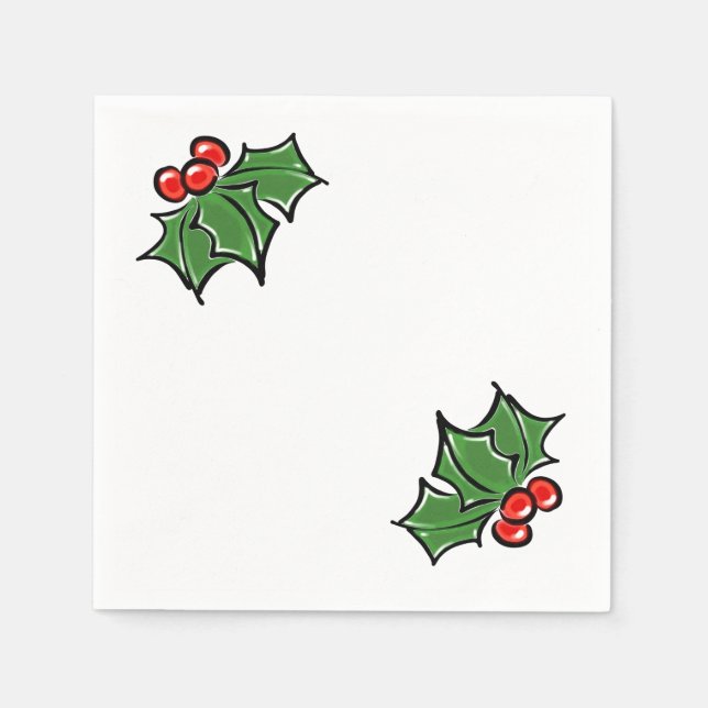 Holly Leaves, Holly berries, fun holiday botanical Napkin (Front)