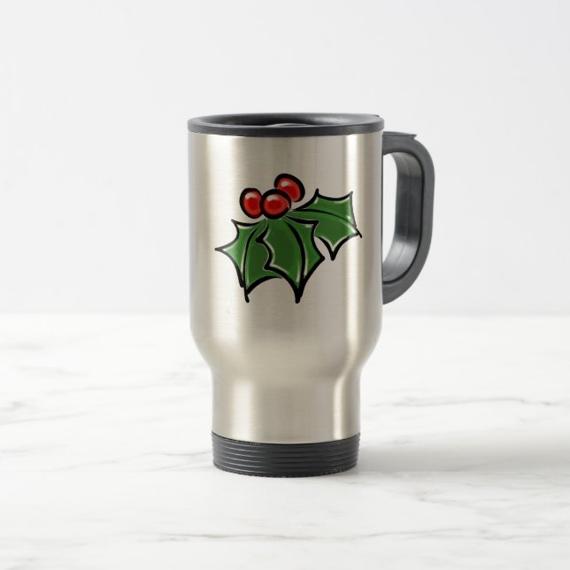 Holly Leaves, Holly berries, fun holiday botanical Travel Mug (Front Right)