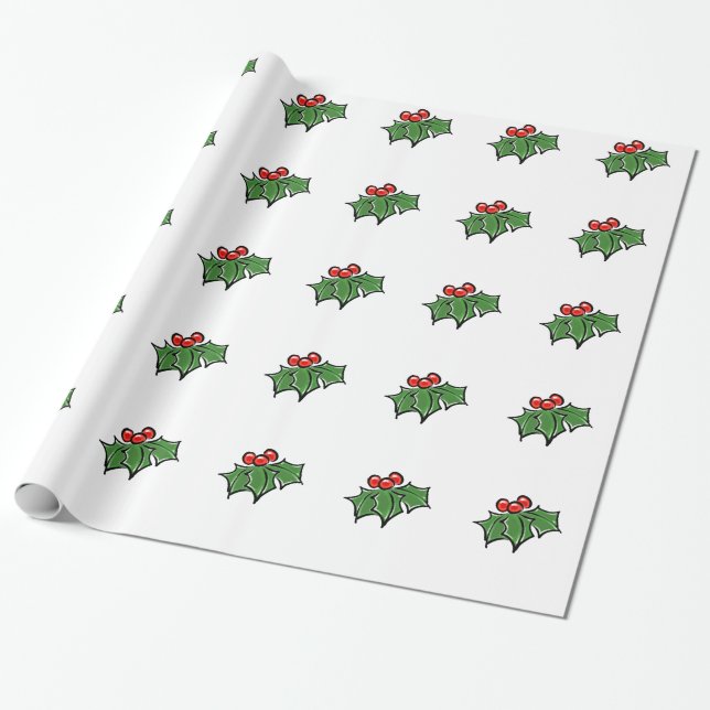 Holly Leaves, Holly berries, fun holiday botanical Wrapping Paper (Unrolled)