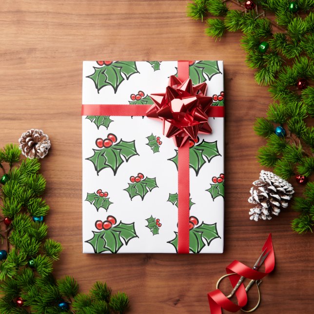 Holly Leaves, Holly berries, fun holiday botanical Wrapping Paper (Holiday Gift)