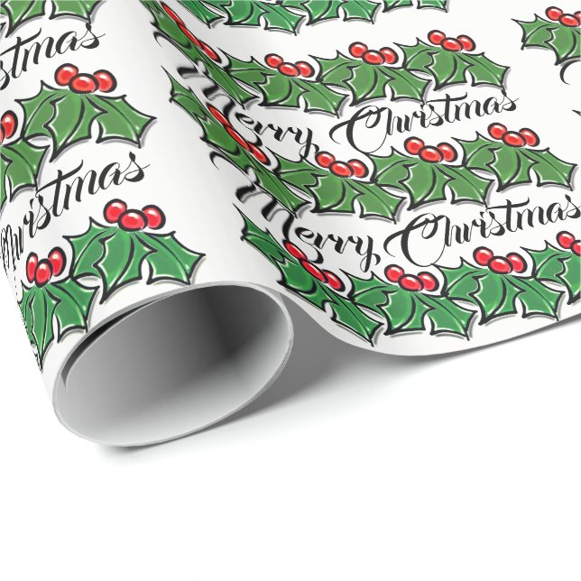Holly Leaves, Holly berries, Merry Christmas  Wrapping Paper (Roll Corner)