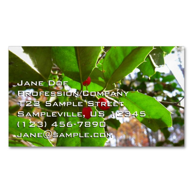 Holly Leaves II Holiday Nature Botanical Magnetic Business Card (Front)