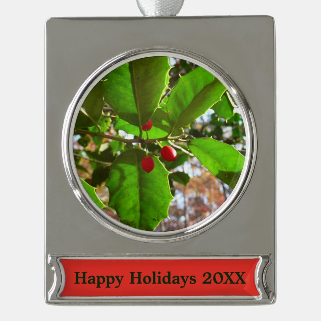 Holly Leaves II Holiday Nature Botanical Silver Plated Banner Ornament (Front)