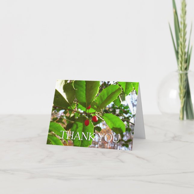 Holly Leaves II Holiday Nature Botanical Thank You Card (Front)