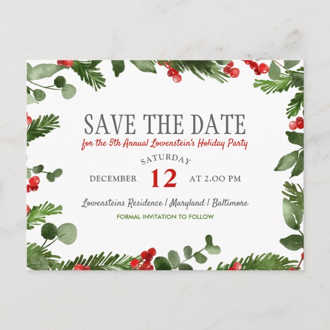 Holly Leaves Modern Holiday Party Save The Date  Announcement Postcard (Front)