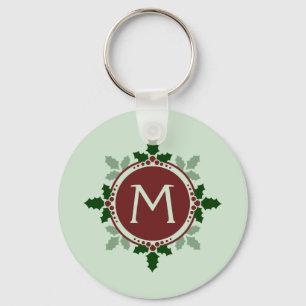 Holly Leaves Monogram Green Red Christmas Holidays Key Ring